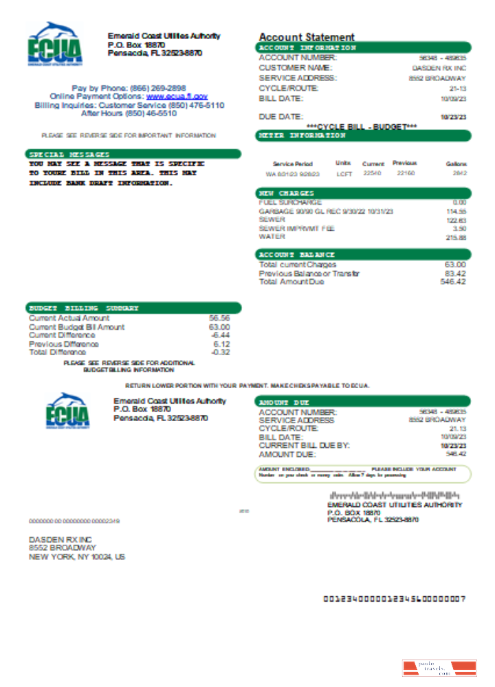 Emerald Coast Utilities Authority (ECUA) utility business bill, SCR PSD template